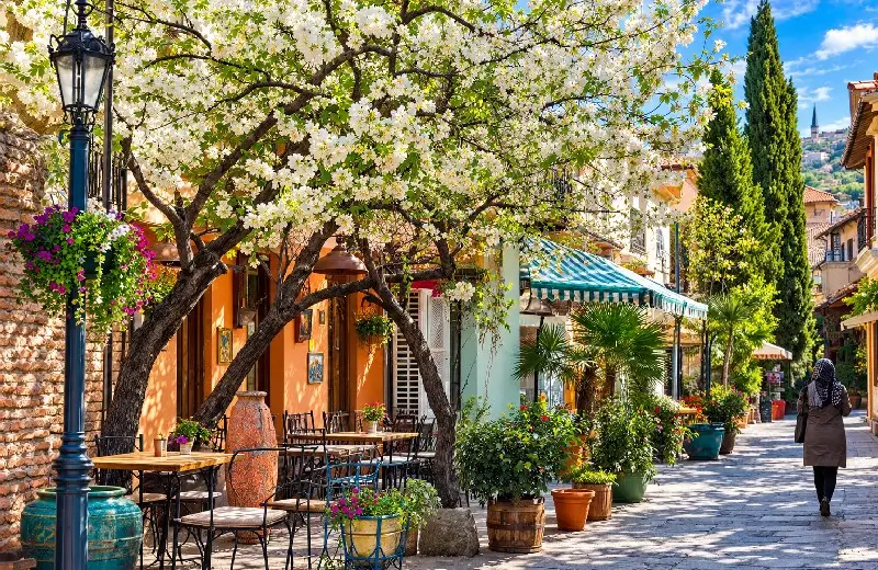 Spring in Georgia with blooming trees and green valleys — Best time to visit Georgia