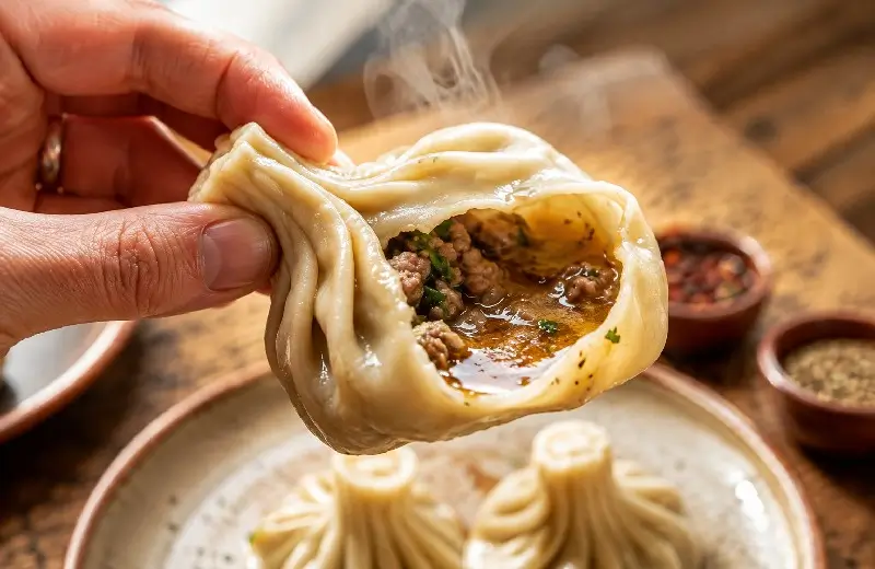 Khinkali dumpling cut open showing broth inside — Khinkali guide
