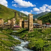 Svan towers in Mestia with stone architecture — Mestia travel guide